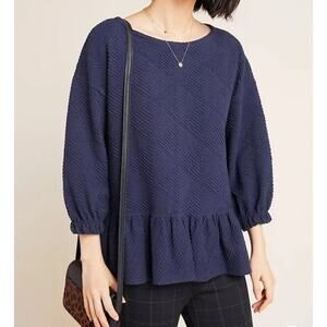 Maeve Textured Blue Ruffle Hem Top  Womens XS Lagenlook Modest Demure french
